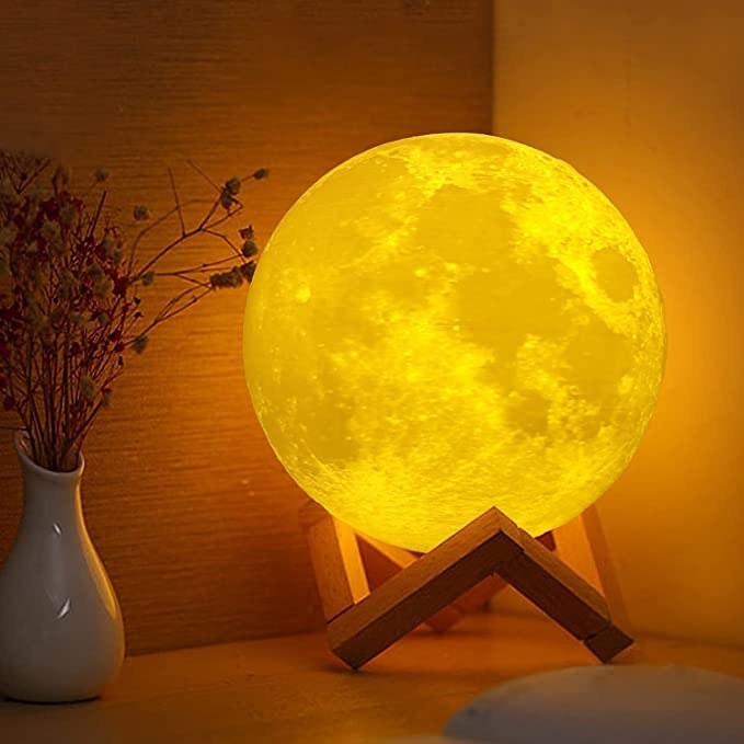 Moon lamp next to vase with flowers