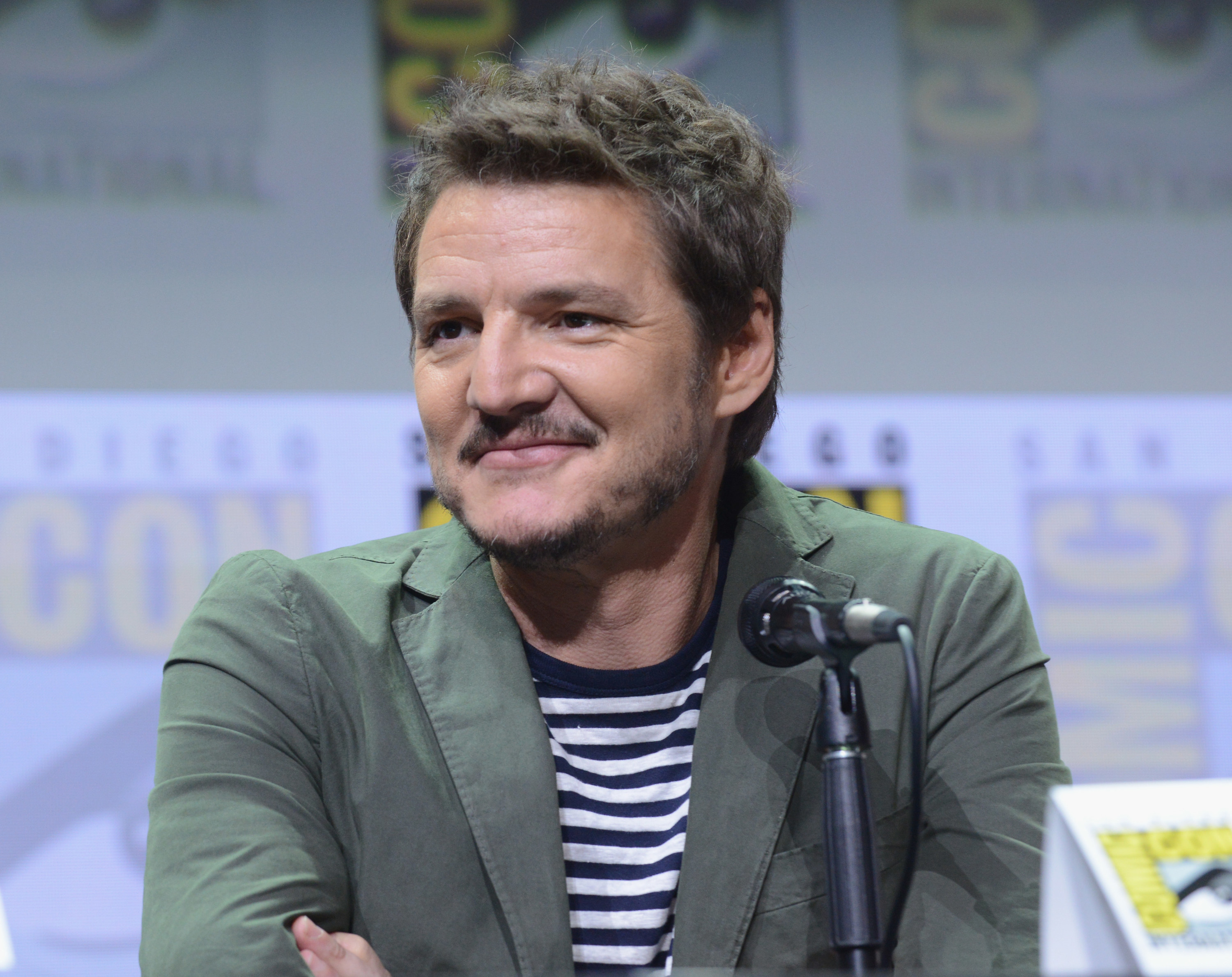 Pedro smiling and sitting on a panel in front of a microphone