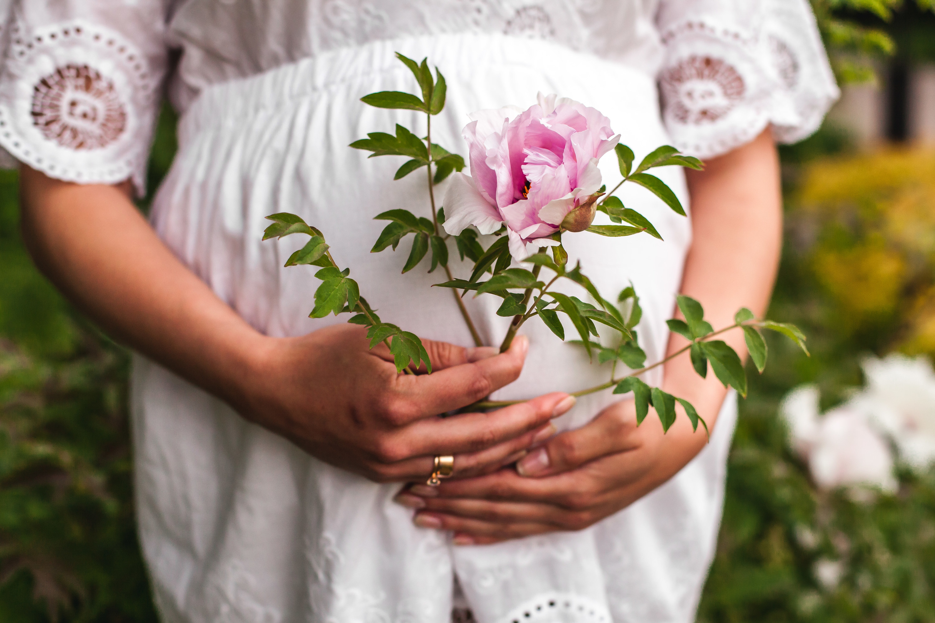 pregnant bride holding a pink rose