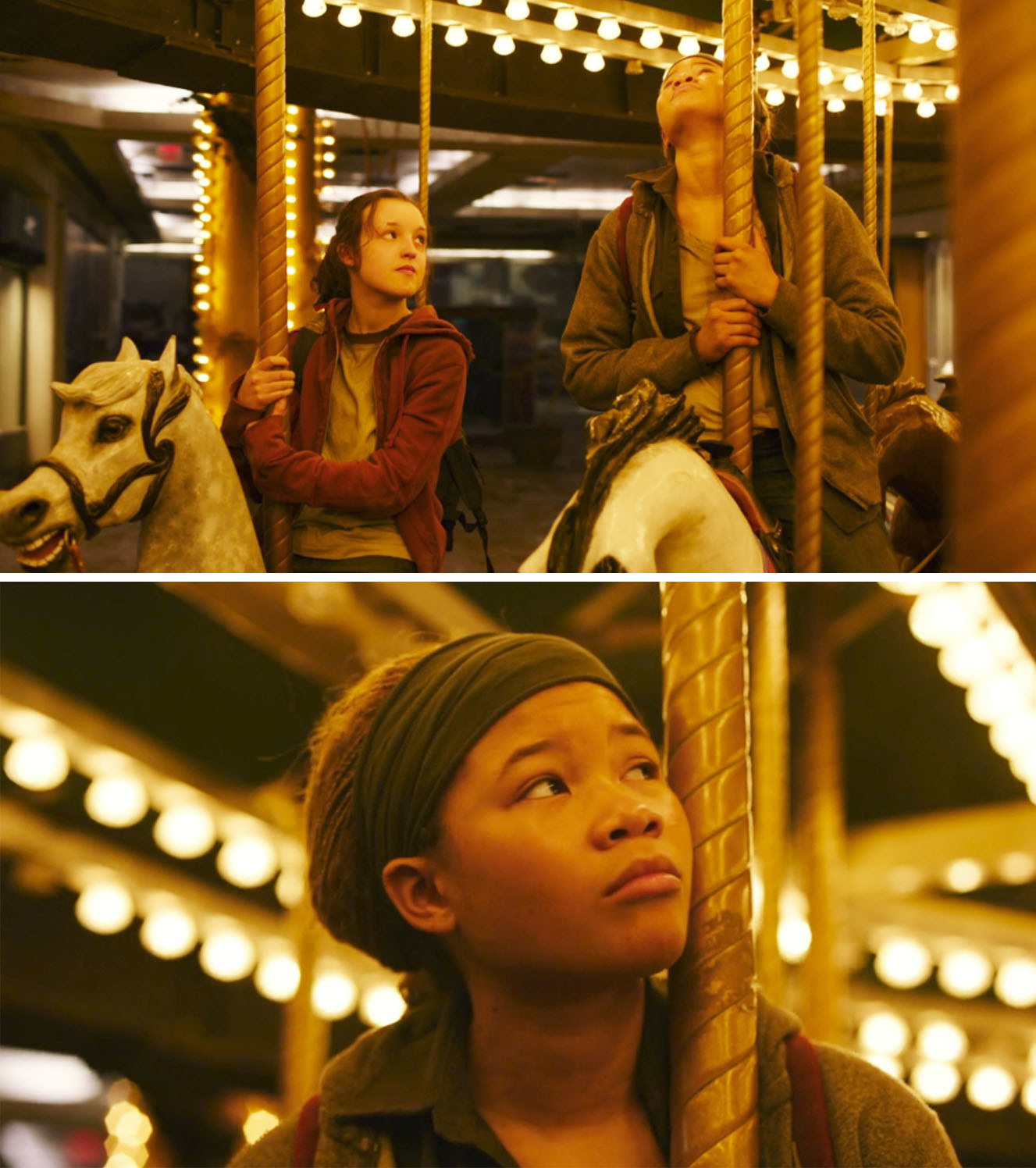 Ellie riding a merry-go-round with a friend in a scene from &quot;The Last of Us&quot;