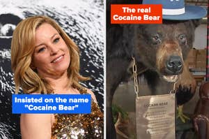 elizabeth banks with the text insisted on the name cocaine bear and the real taxidermied cocaine bear
