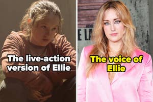 Bella Ramsey in The Last of Us and Ashley Johnson, text: The live-action version of Ellie The voice of Ellie