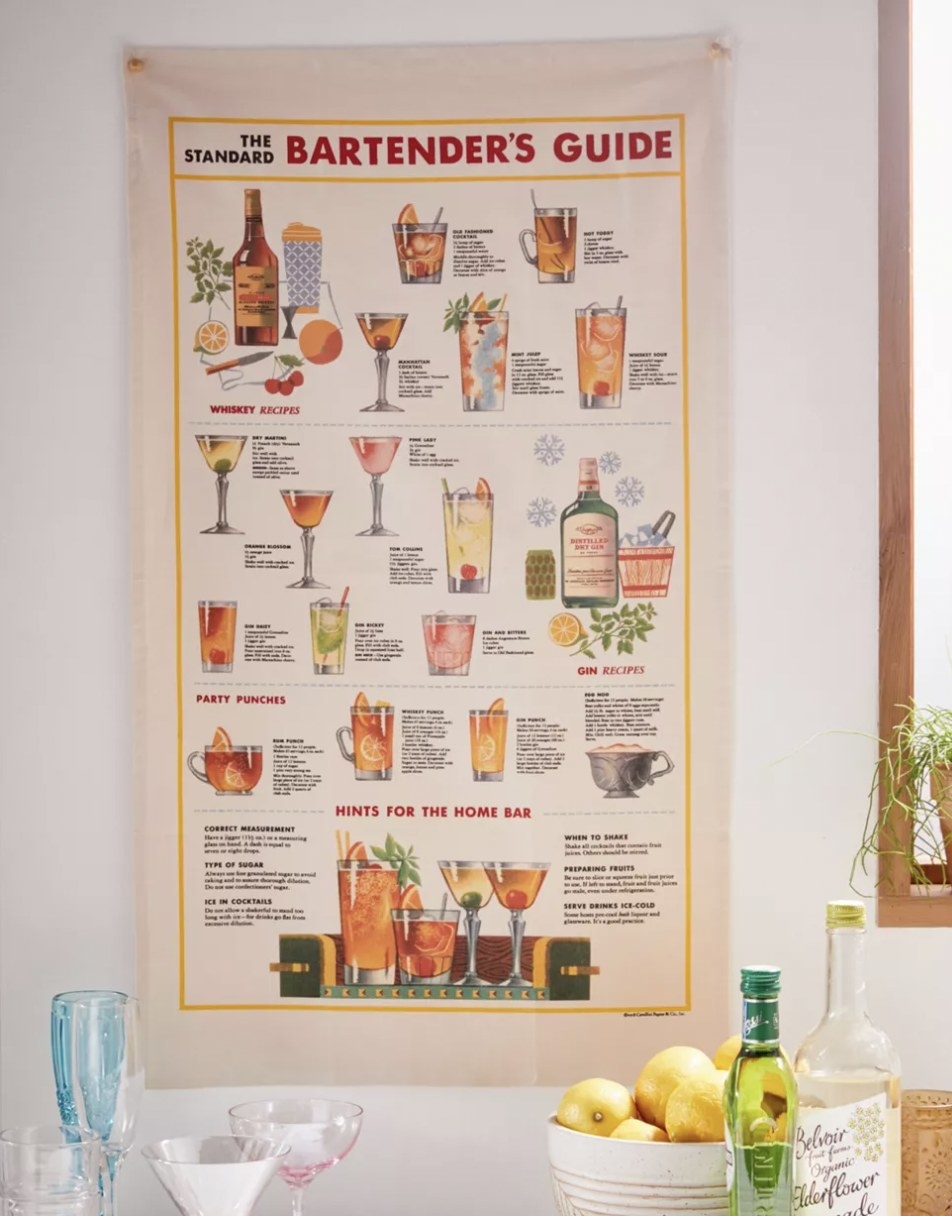 A tapestry with recipes for cocktails printed on it
