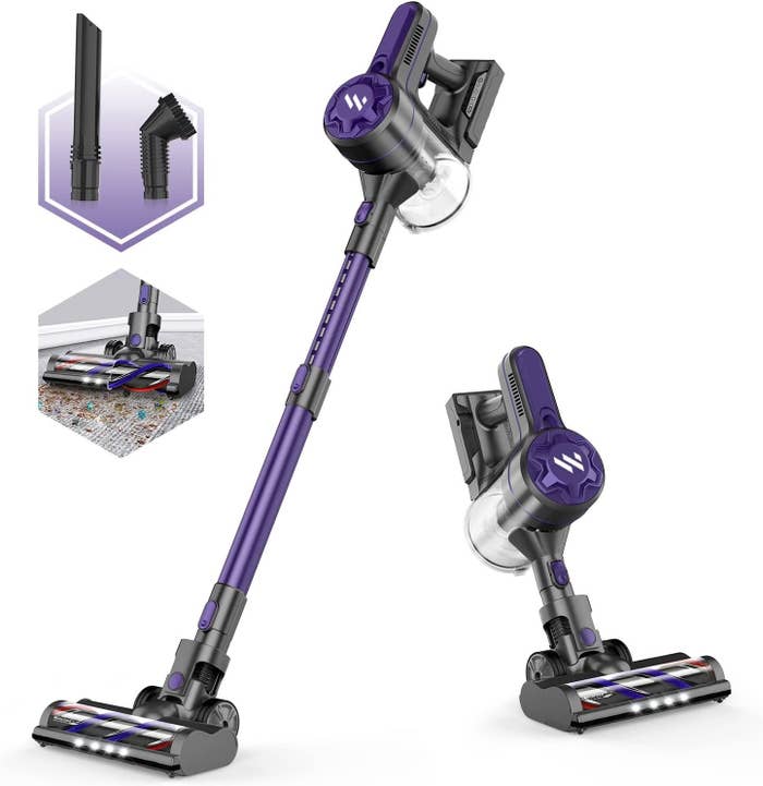 the vacuum cleaner and its attachments shown extended and converted into a mini vacuum against a blank background