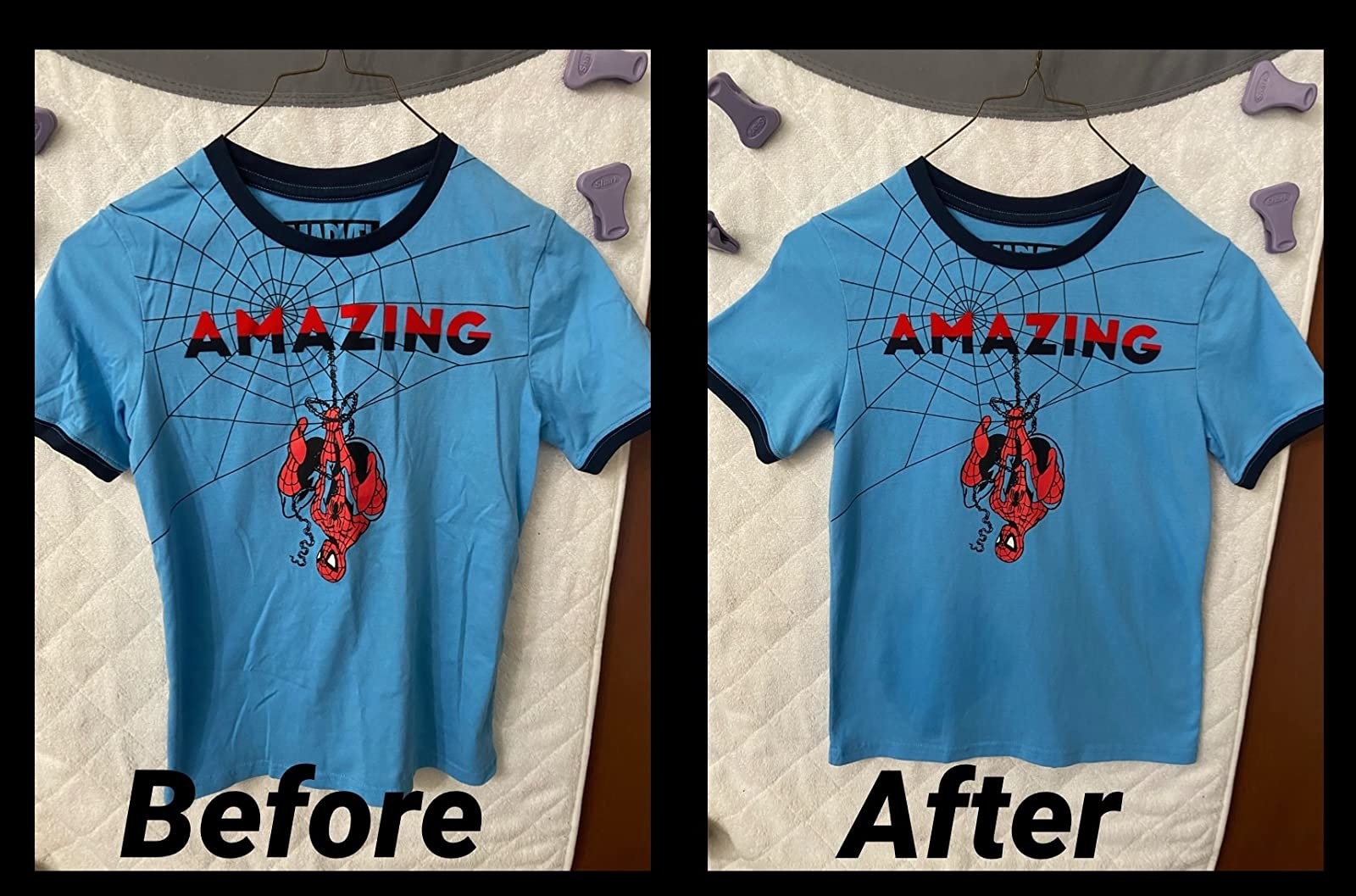 left: reviewer before photo of wrinkled shirt on hanger / right: after photo of same shirt free of wrinkles