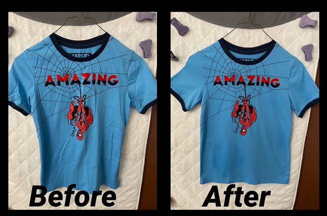 left: reviewer before photo of wrinkled shirt on hanger / right: after photo of same shirt free of wrinkles