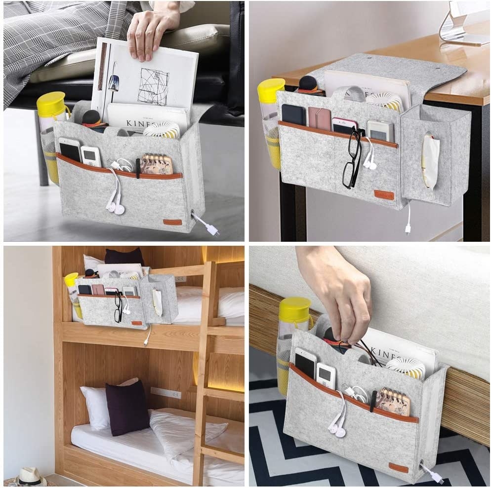 a bedside caddy in four different spots