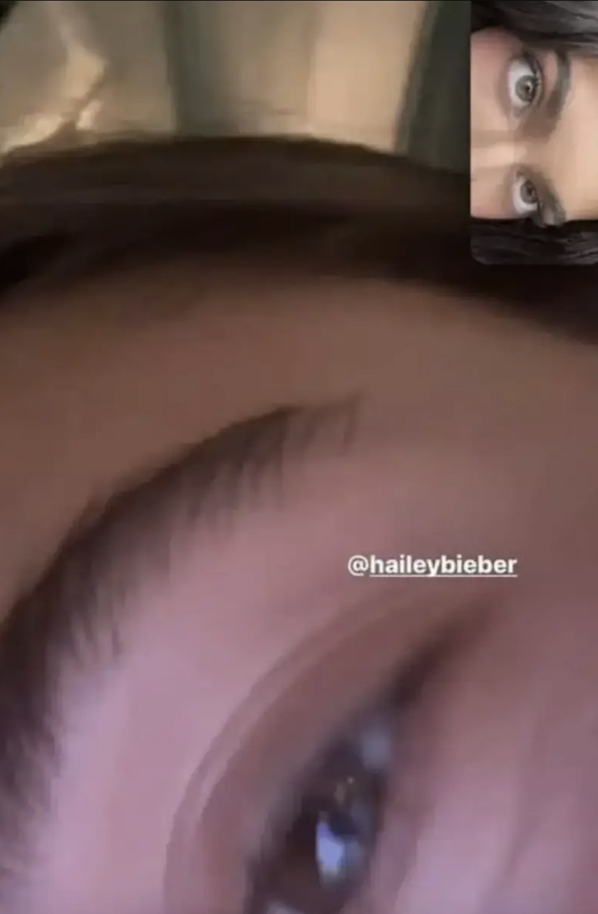 A FaceTime screenshot showing a closeup of Kylie and Hailey&#x27;s eyes