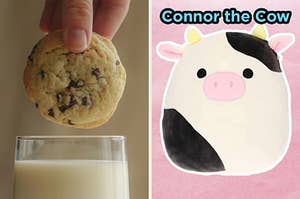 On the left, someone holding a chocolate chip cookie over a glass of milk, and on the right, Connor the Cow Squishmallow