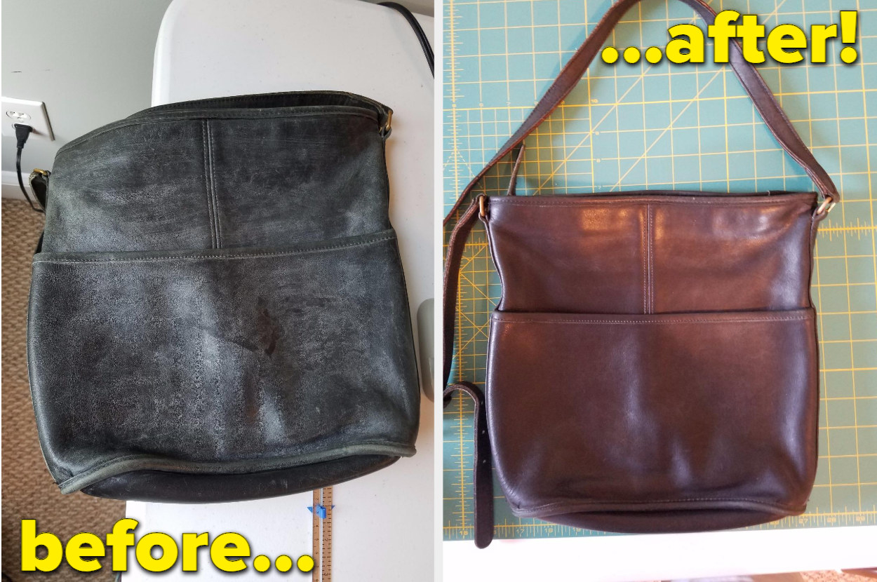 reviewer&#x27;s before photo of filthy Coach bag looking black and stained / after photo showing red, shiny leather after cleaning it