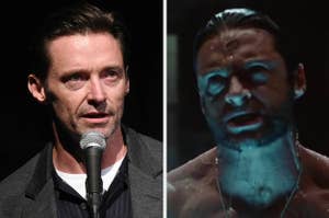 Hugh Jackman speaks into a microphone with his hand rested on his chest vs Hugh Jackman emerging from water as Wolverine