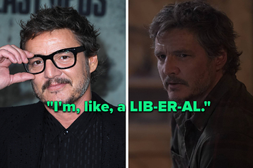 Pedro Pascal touches his glasses as he poses for a photo vs Pedro Pascal looking concerned as Joel