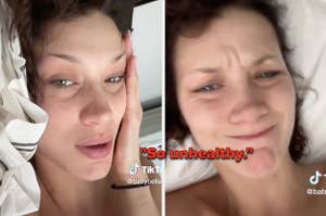 Bella Hadid lying in bed with her hand on her face as she speaks into her camera vs Bella Hadid scrunching up her face while recording herself