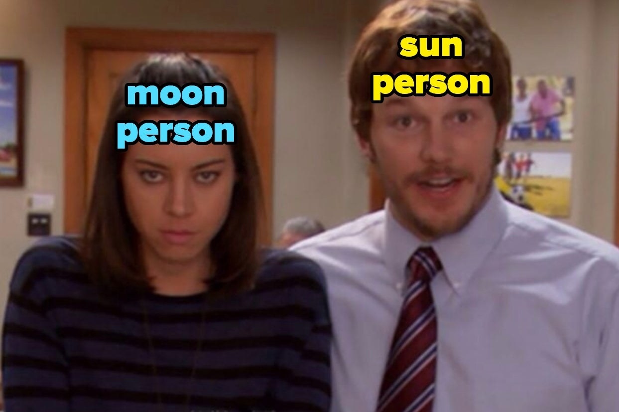 April from Parks and Rec labeled moon person standing next to Andy with sun person typed on his head