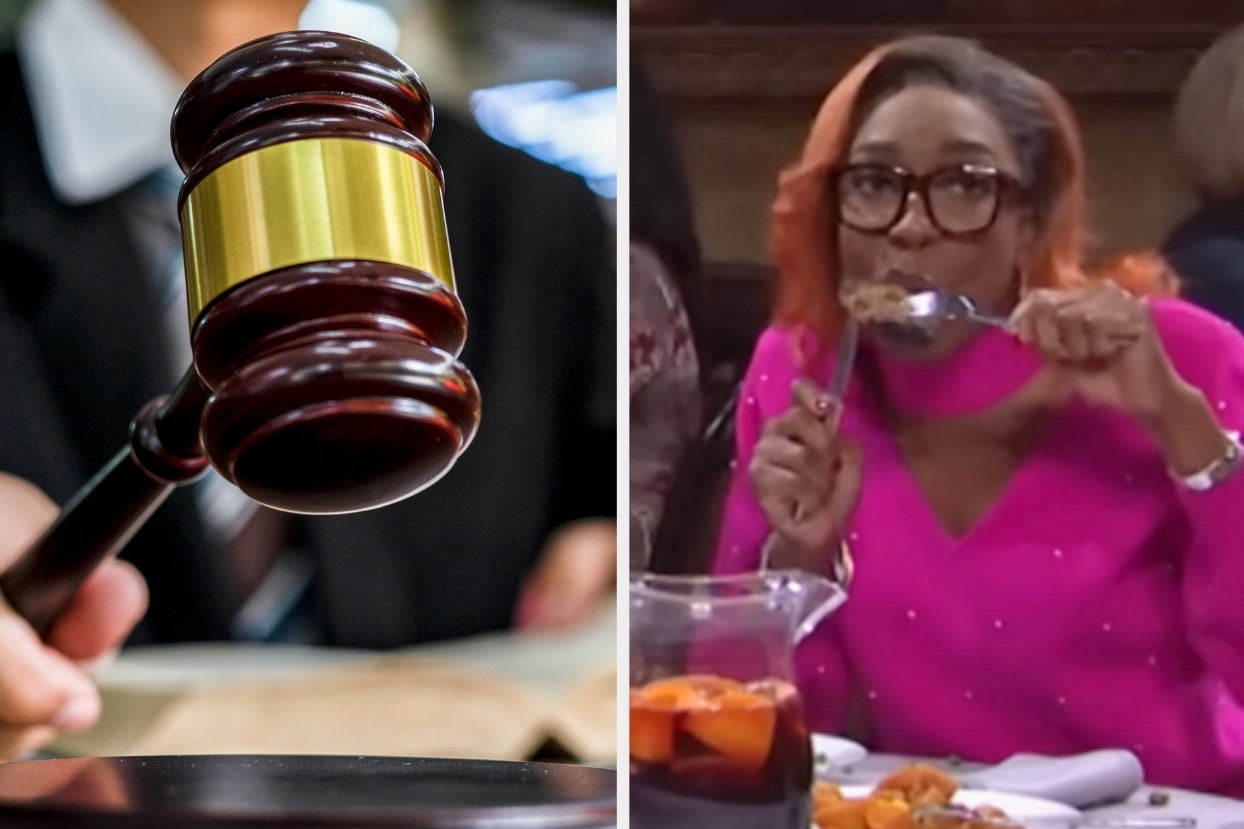 On the left, a judge holding a gavel, and on the right, Ego Nwodim eating steak in an SNL sketch