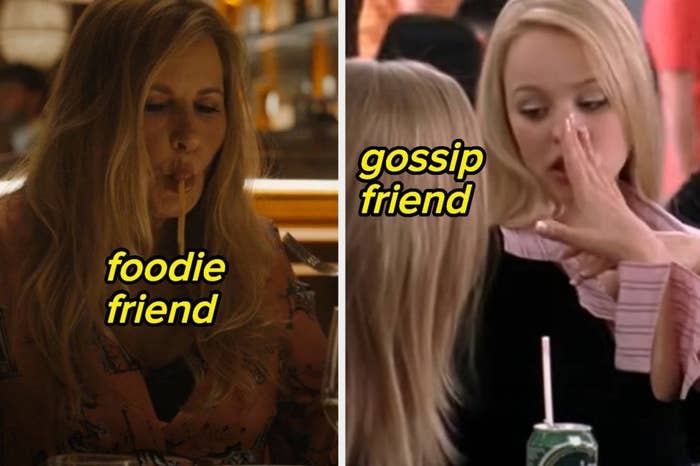 On the left, Tanya from The White Lotus slurping up some pasta labeled foodie friend, and on the right, Regina from Mean Girls whispering labeled gossip friend