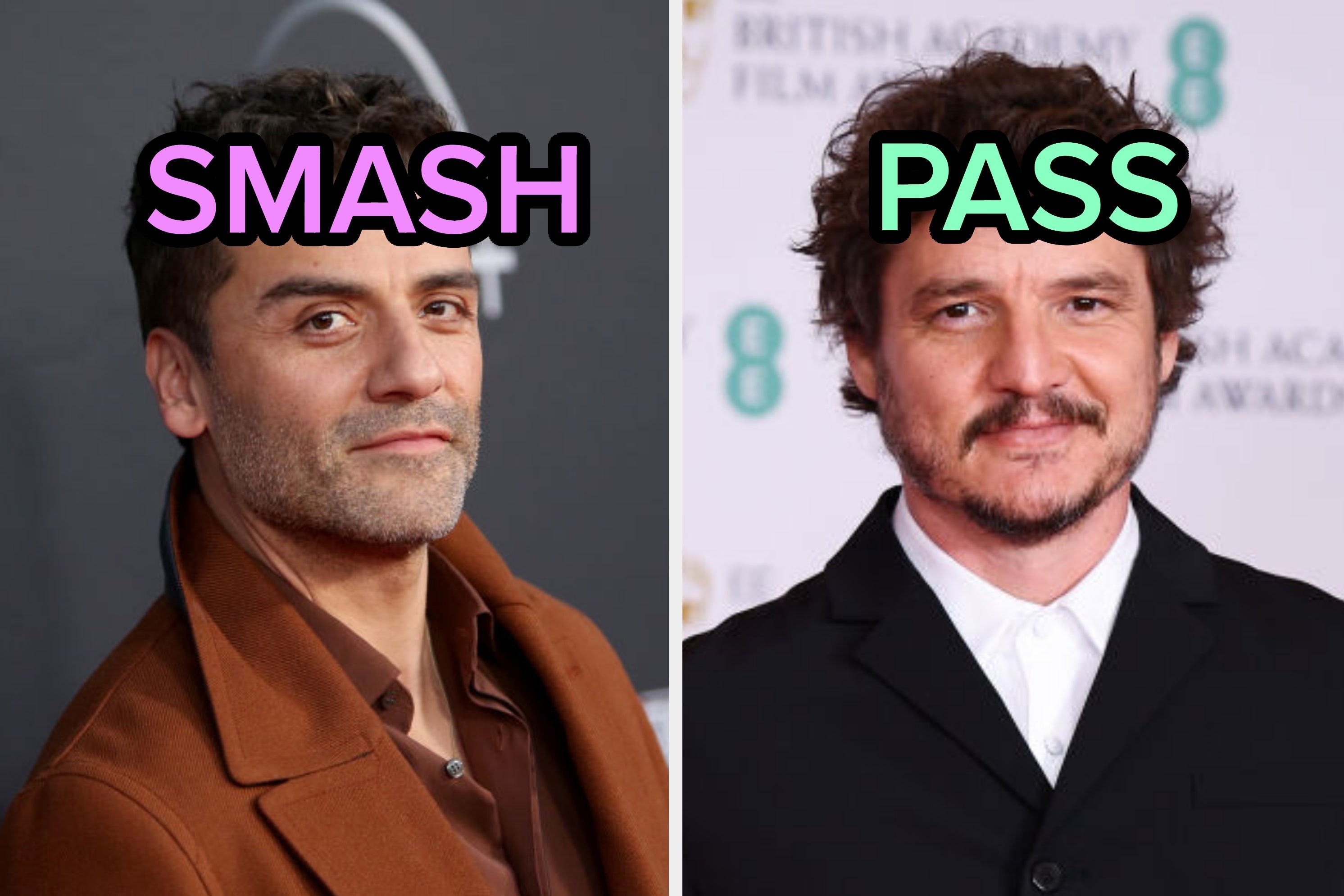 On the left, Oscar Isaac with smash typed on his forehead, and on the right, Pedro Pascal with pass typed on his forehead