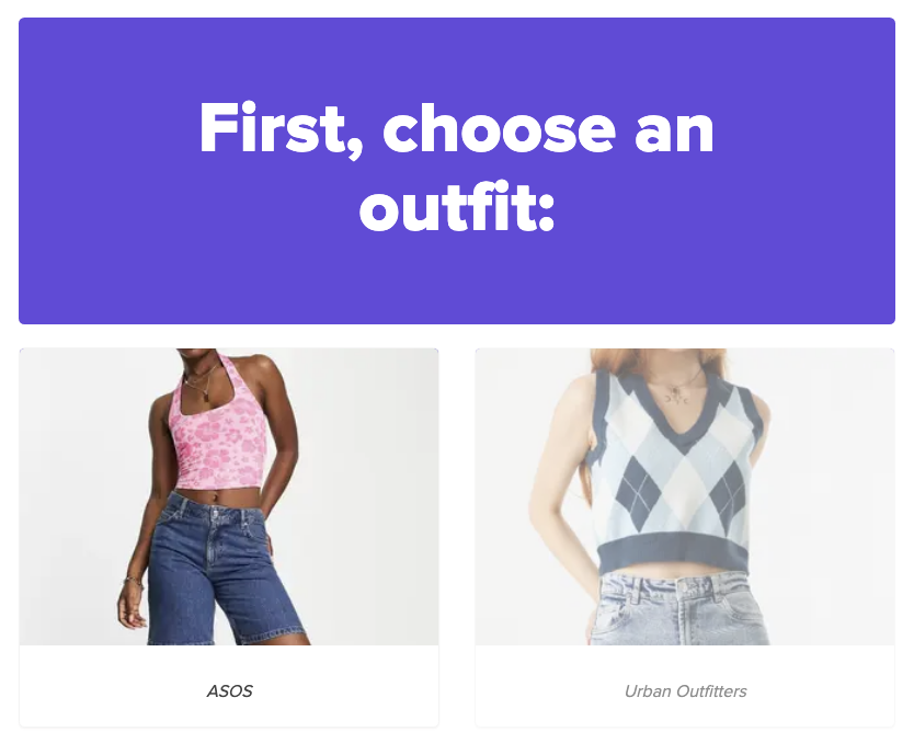 A screenshot of the question that says first choose an outfit with a jean a floral crop top outfit selected