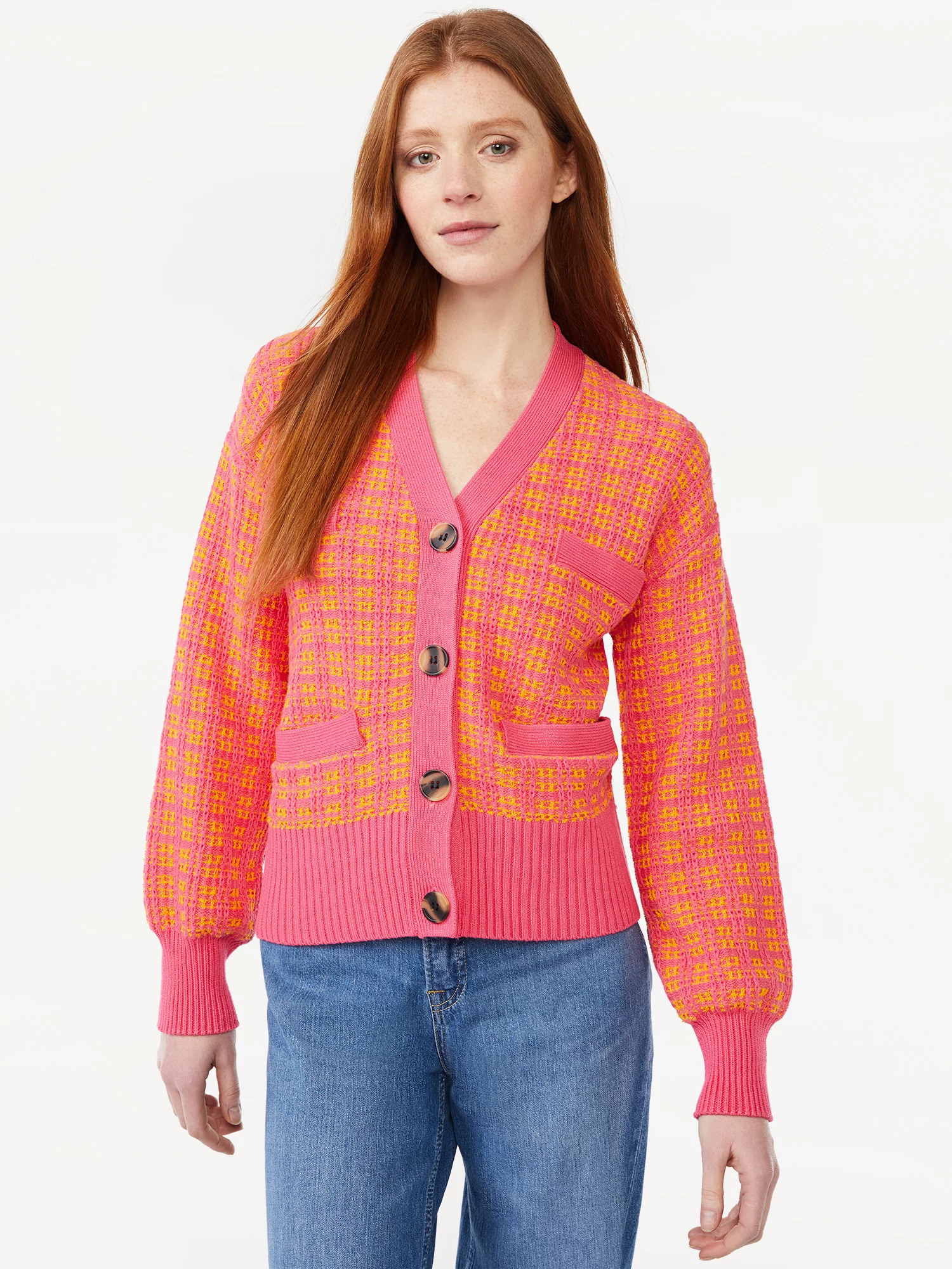 Model wearing the hot pink cardigan