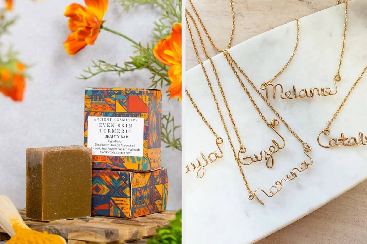 side by side photos of a bar of turmeric soap and some gold wire name necklaces