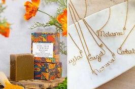 side by side photos of a bar of turmeric soap and some gold wire name necklaces