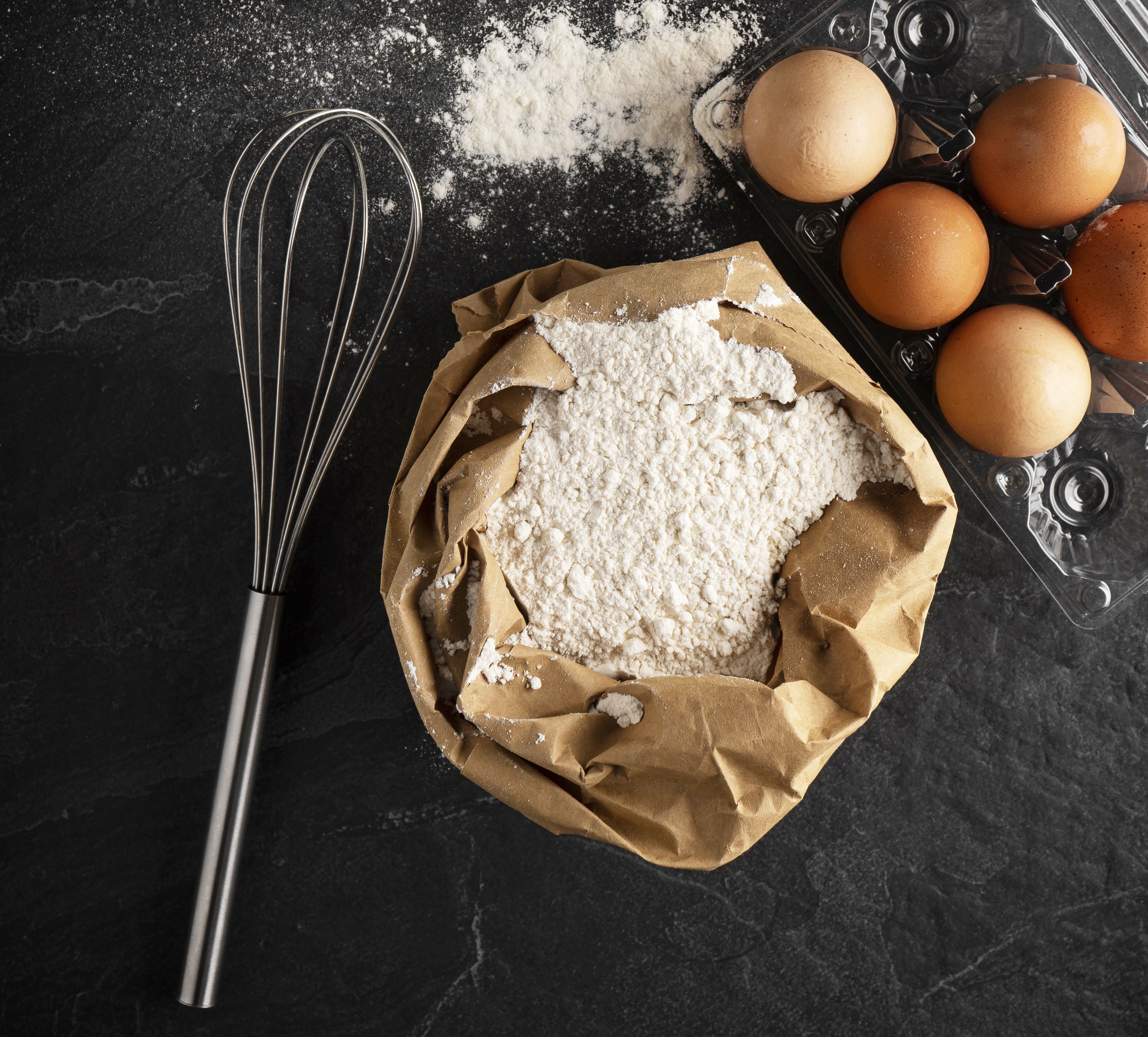 Flour in a paper bag, overhead view