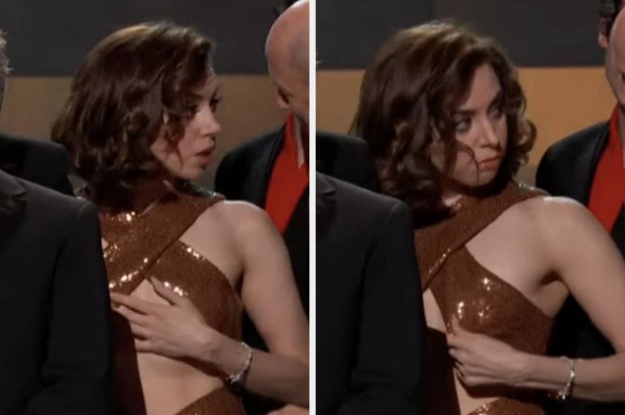 SAG Awards 2023: Aubrey Plaza flashes the flesh in a daring gold gown ahead  of her presenting duties