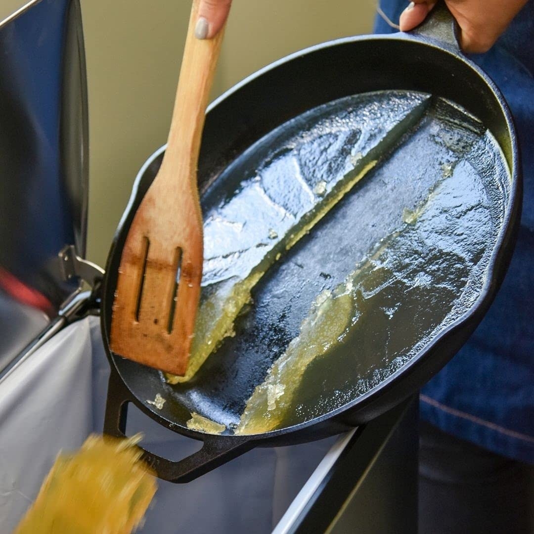 a pan covered in a layer of solidified oil