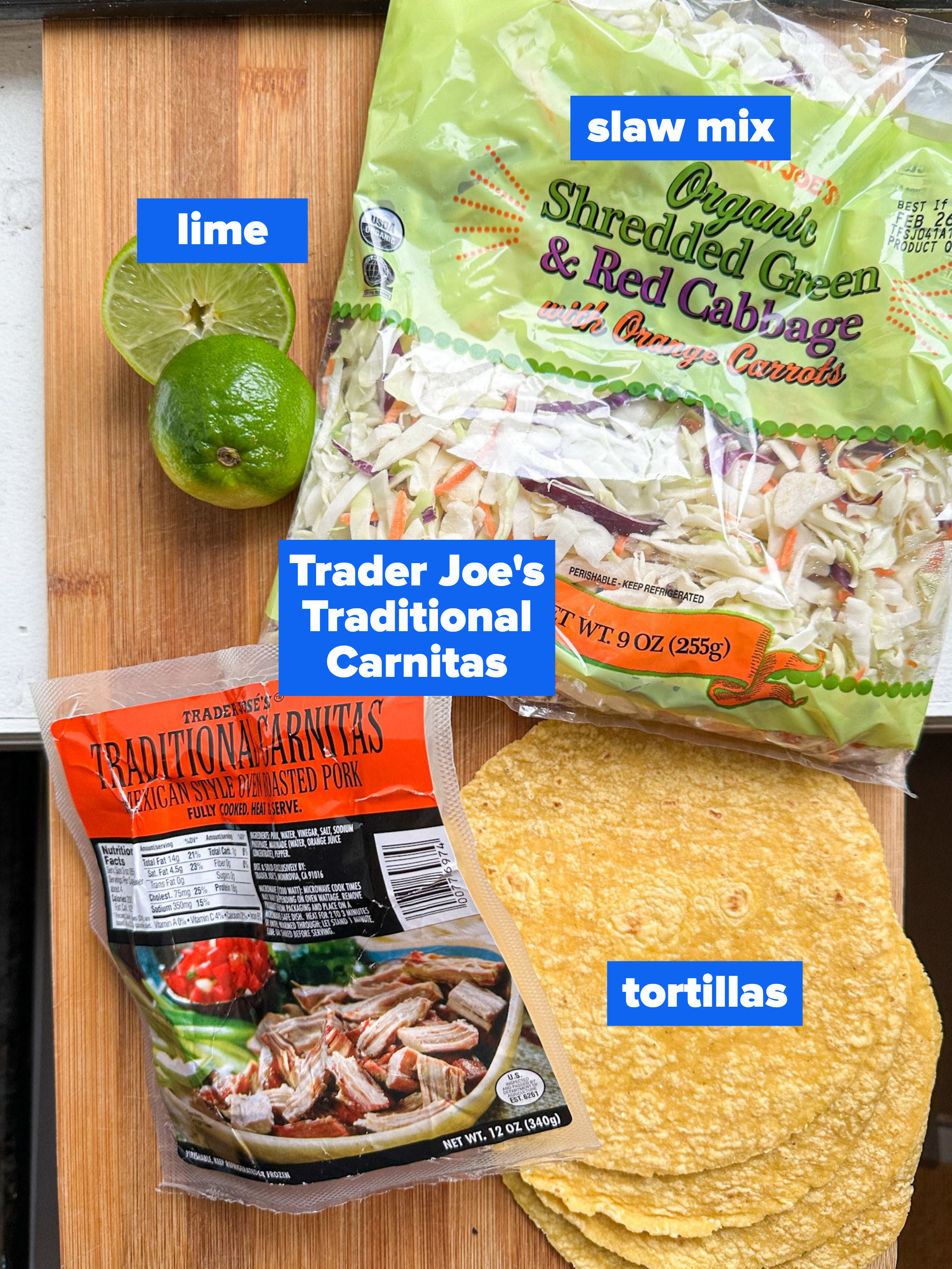 the ingredients: slaw mix, lime, trader joe&#x27;s traditional carnitas, tortillas