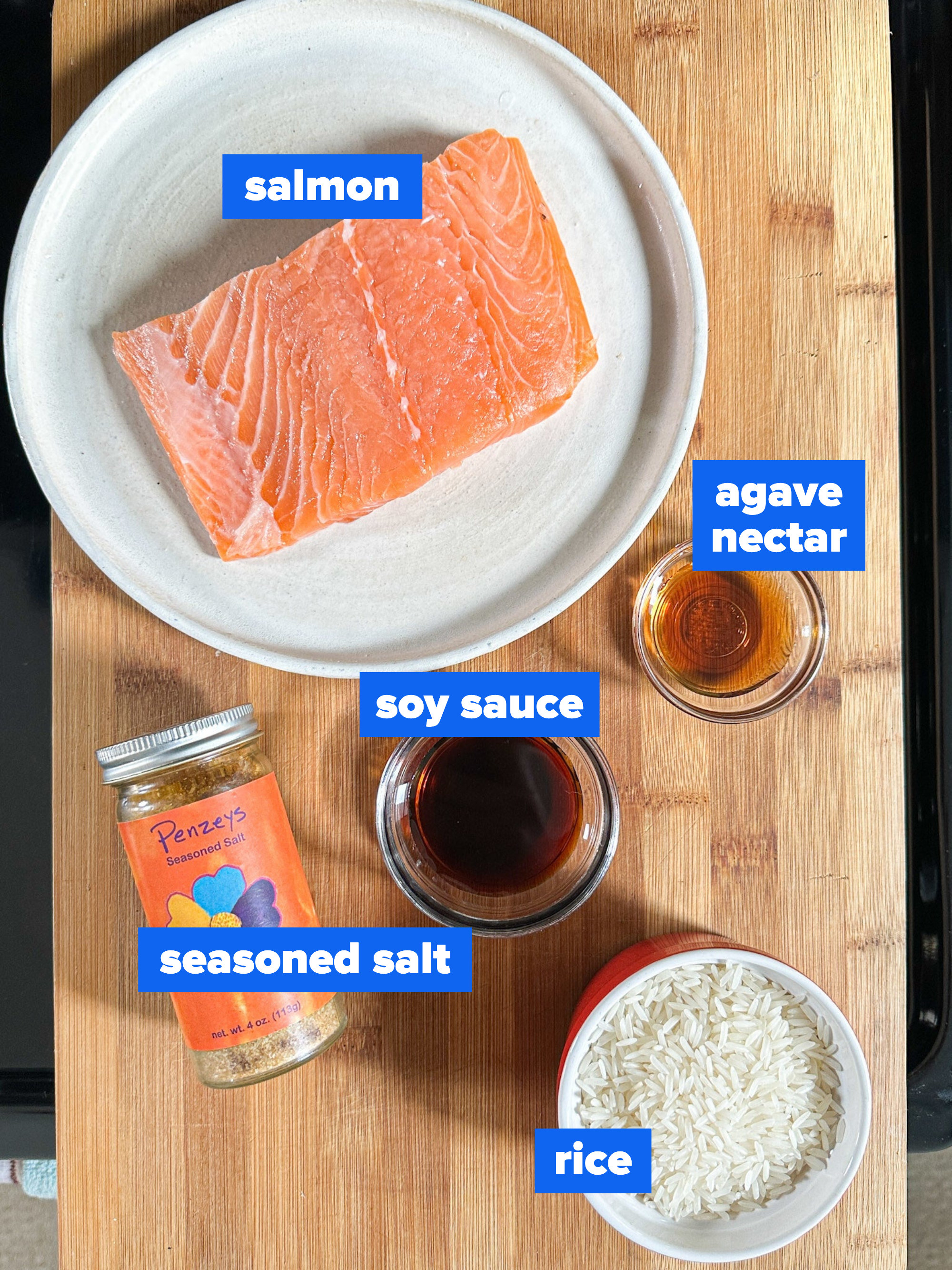 the ingredients: salmon, agave nectar, soy sauce, seasoned salt, rice