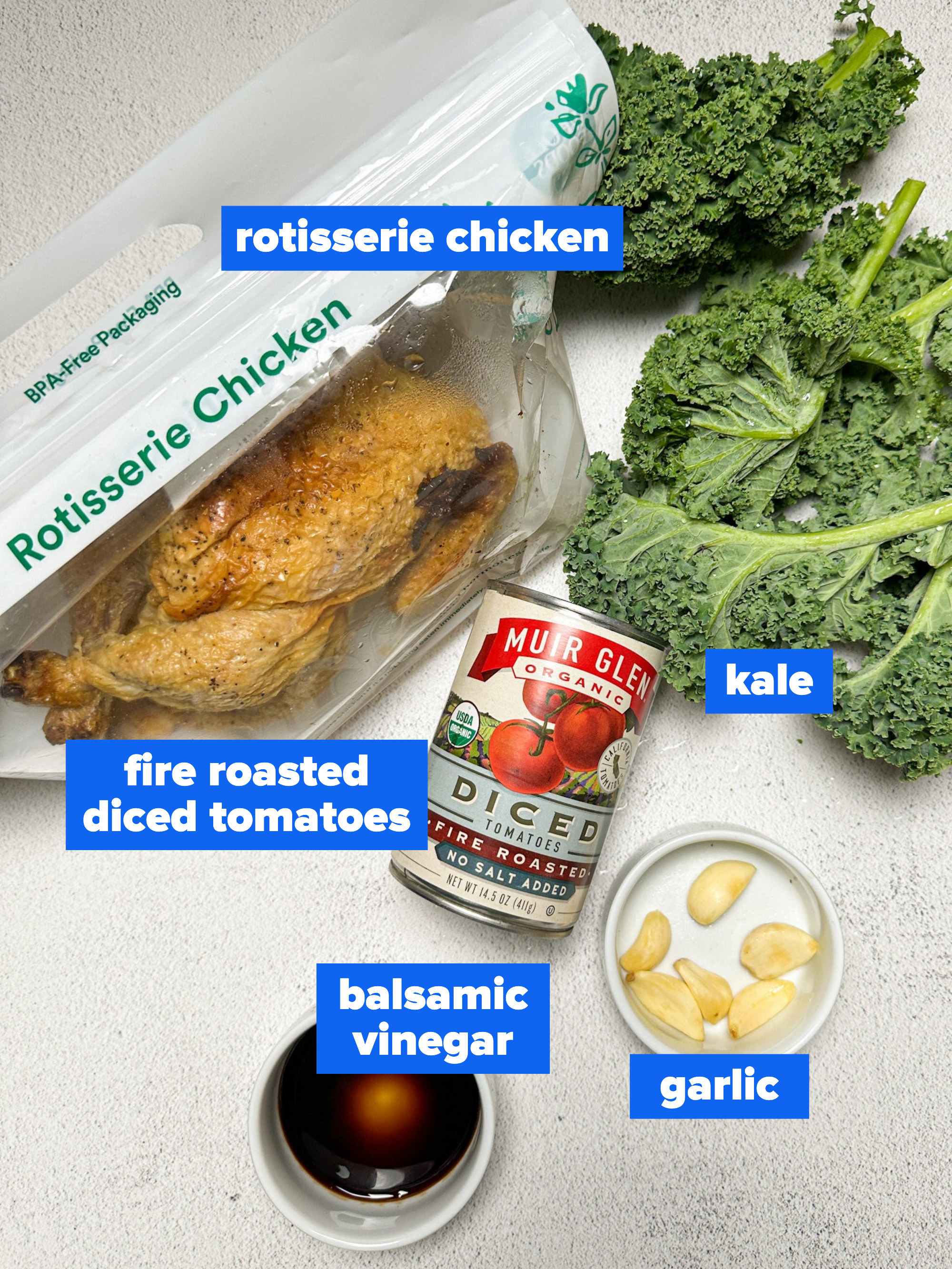 the ingredients: rotisserie chicken, kale, fire roasted diced tomatoes, balsamic vinegar, garlic