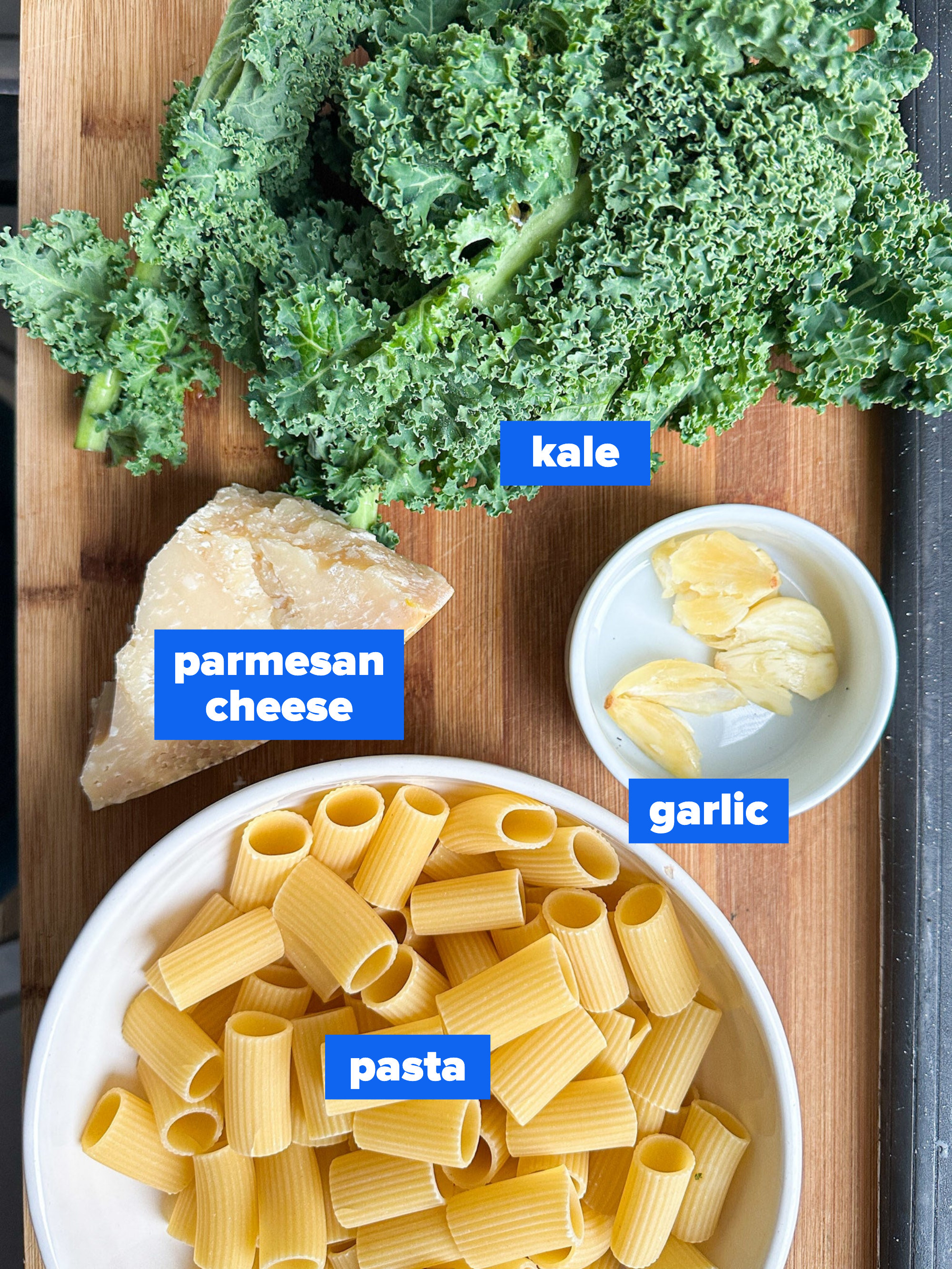 the ingredients: kale, parmesan cheese, garlic, pasta