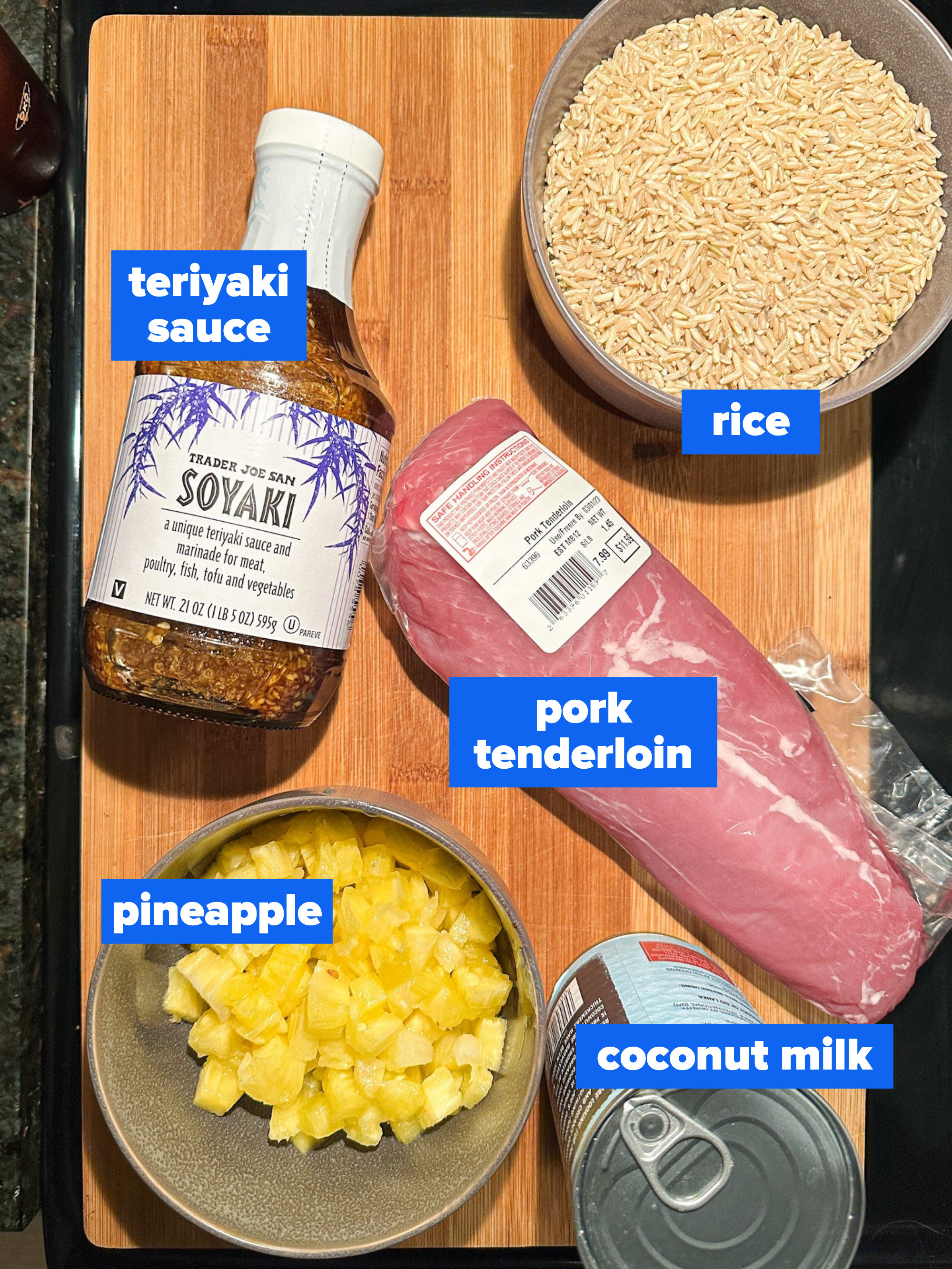 the ingredients: rice, teriyaki sauce, pork tenderloin, pineapple, coconut milk