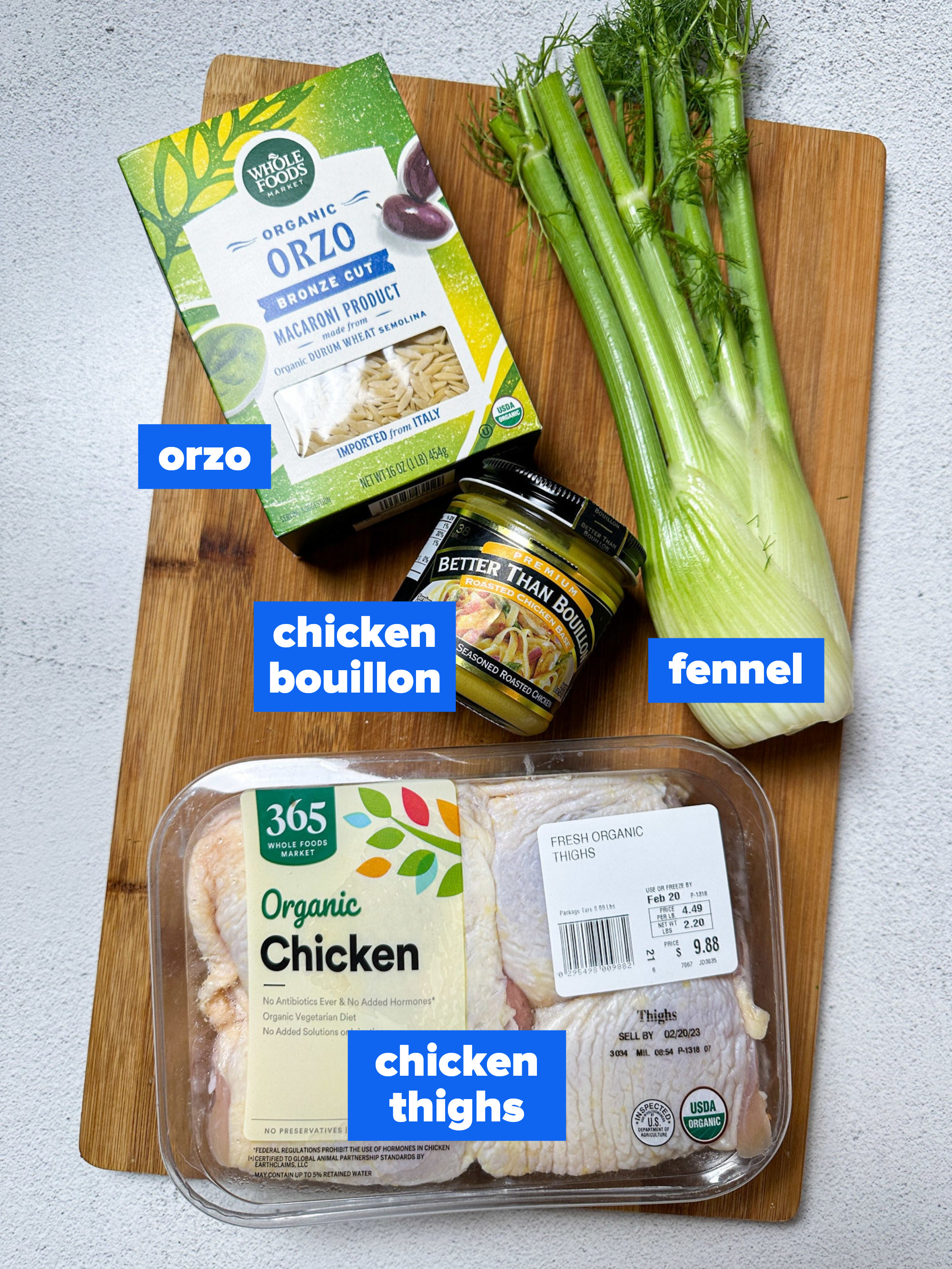 the ingredients: orzo, chicken bouillon, fennel, chicken thighs