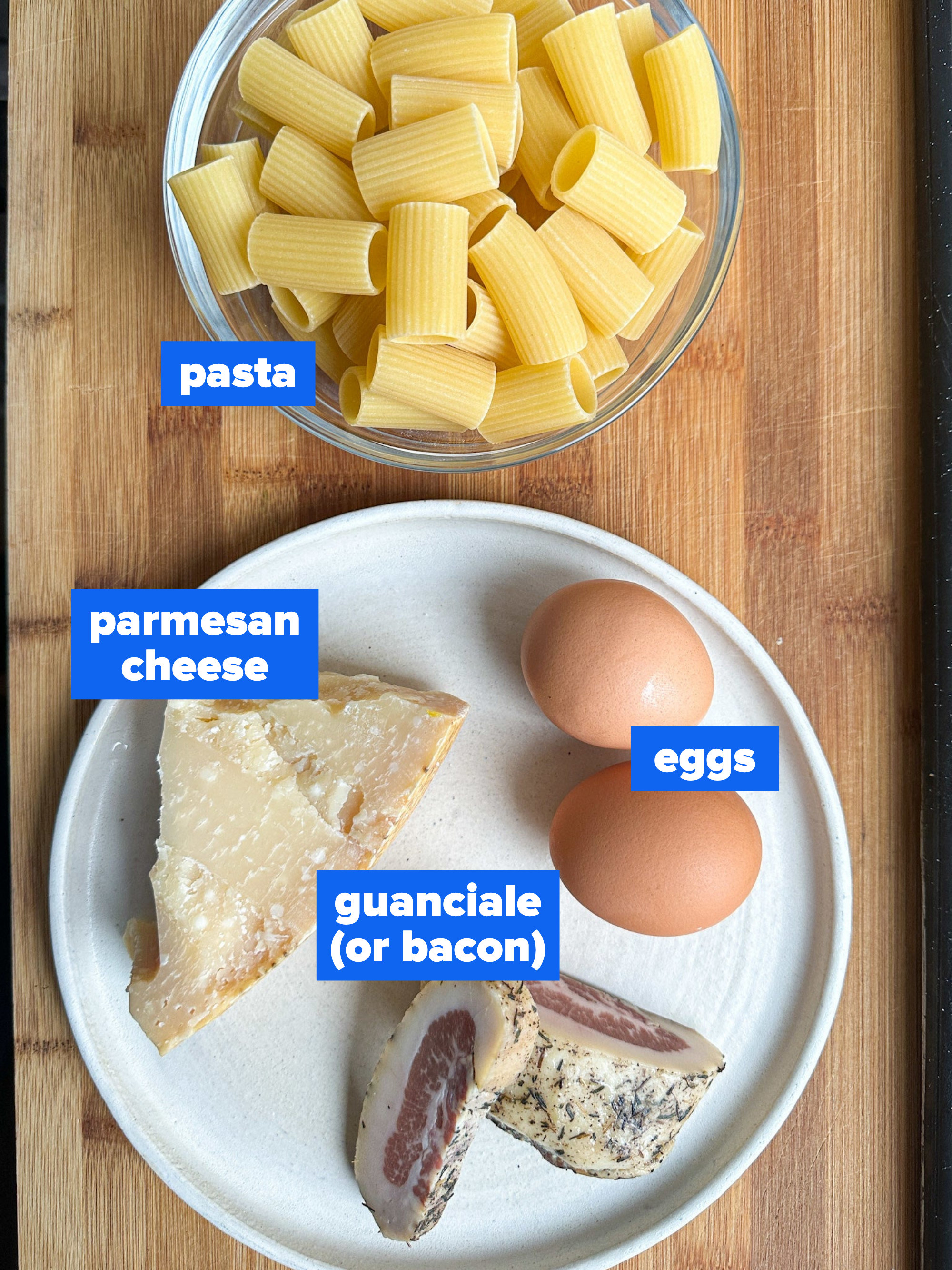 the ingredients: pasta, parmesan cheese, eggs, guanciale or bacon