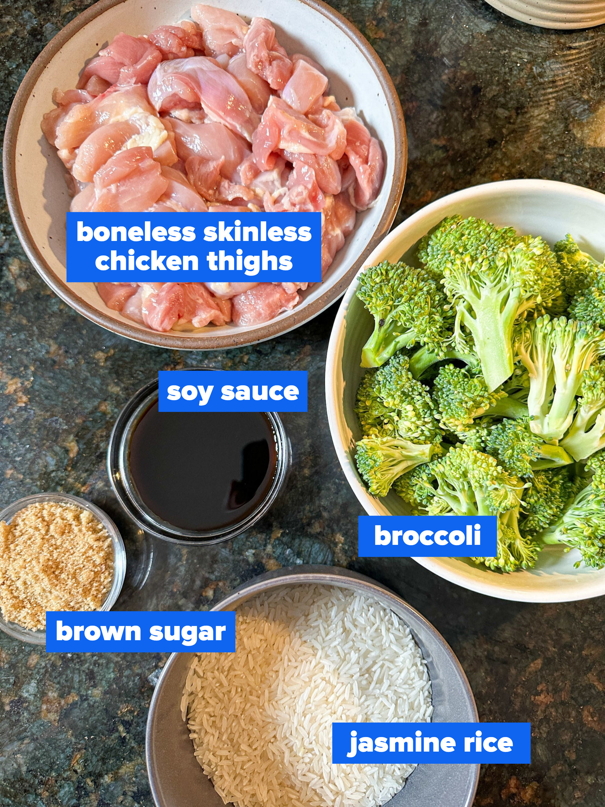 the ingredients: boneless skinless chicken thighs, soy sauce, broccoli, brown sugar, jasmine rice