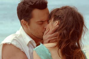 nick and jess from new girl kissing on the beach
