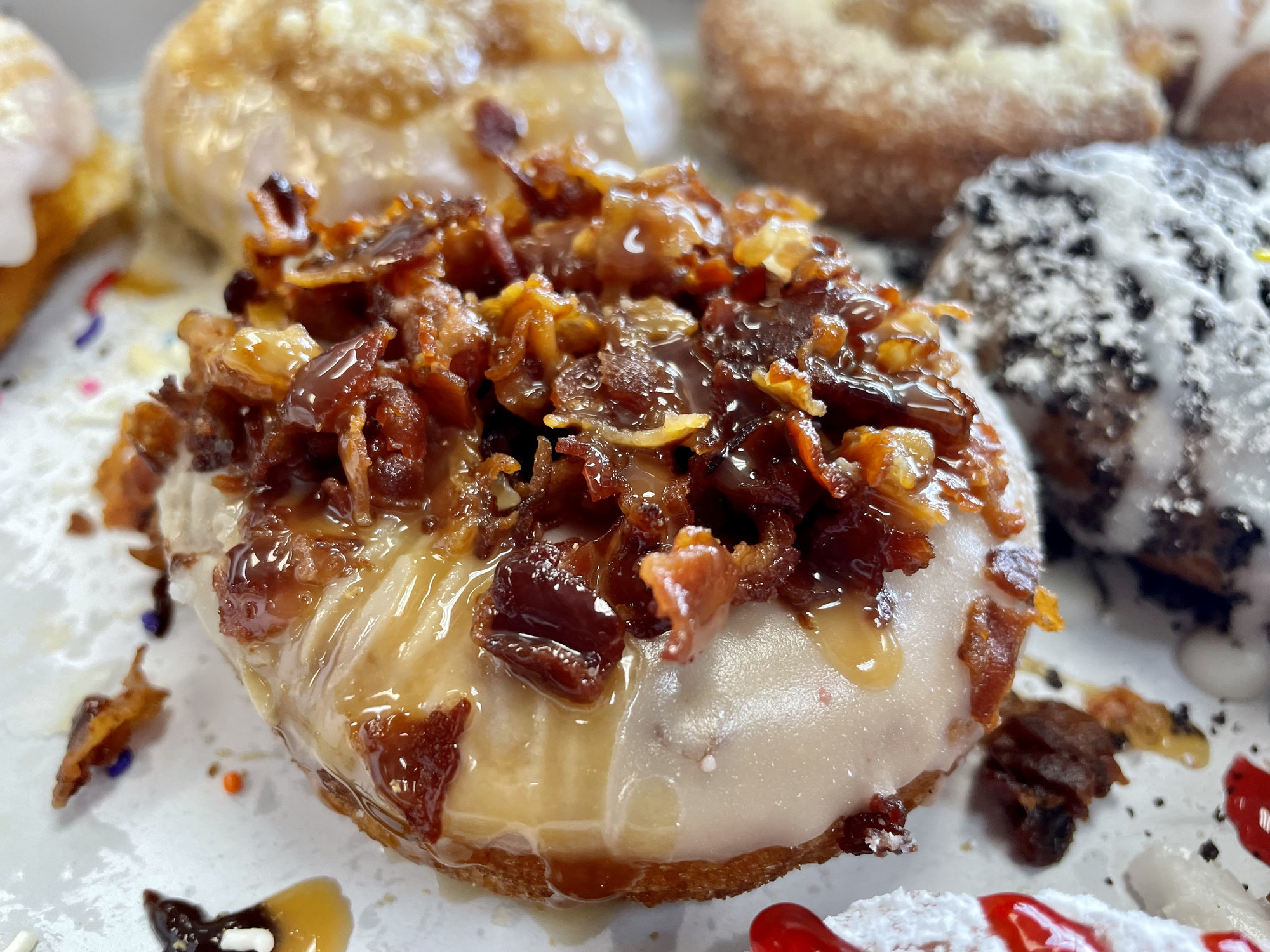 Maple and bacon donut with caramel drizzle.