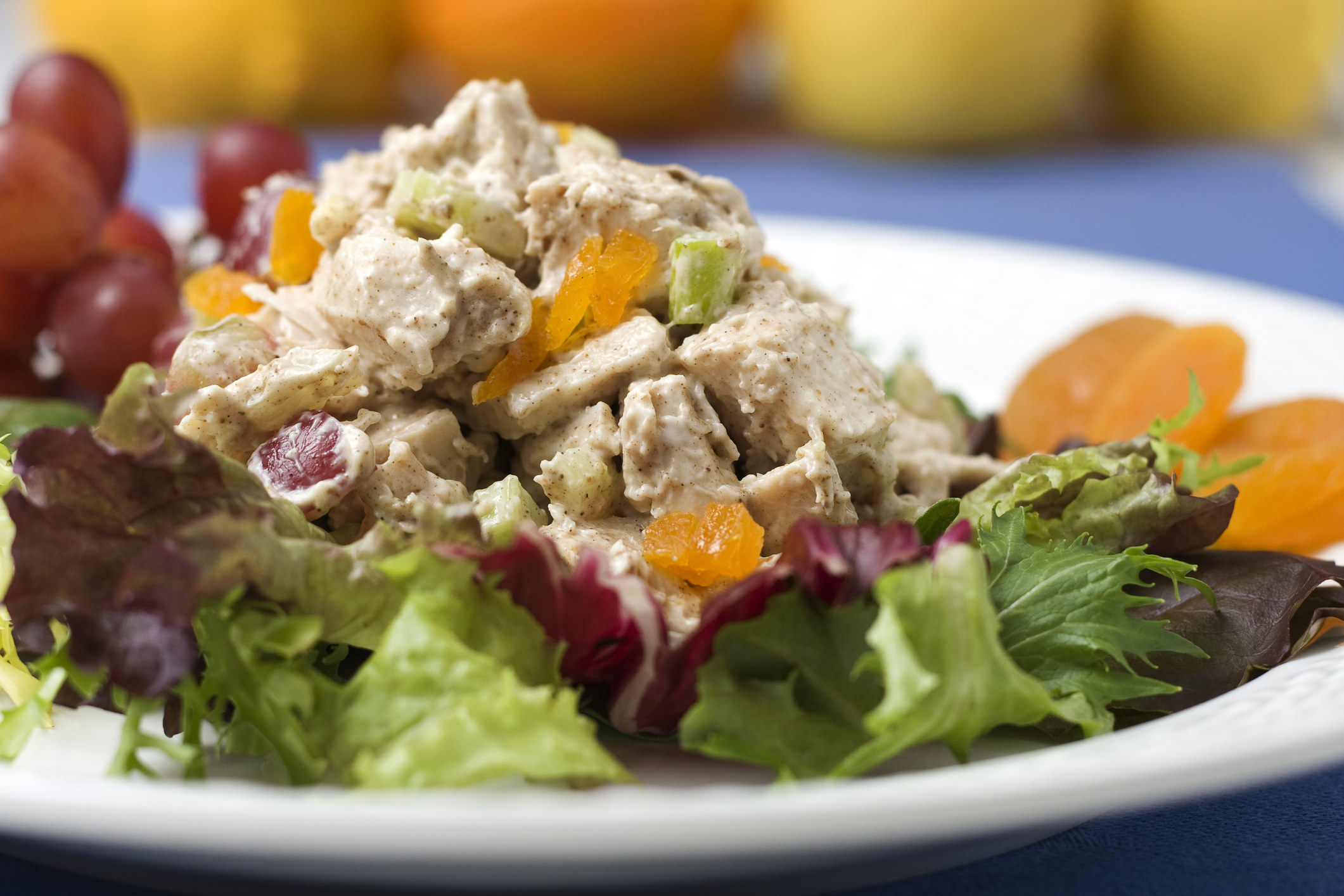 Curried spiced chicken salad with dried apricots and grapes.