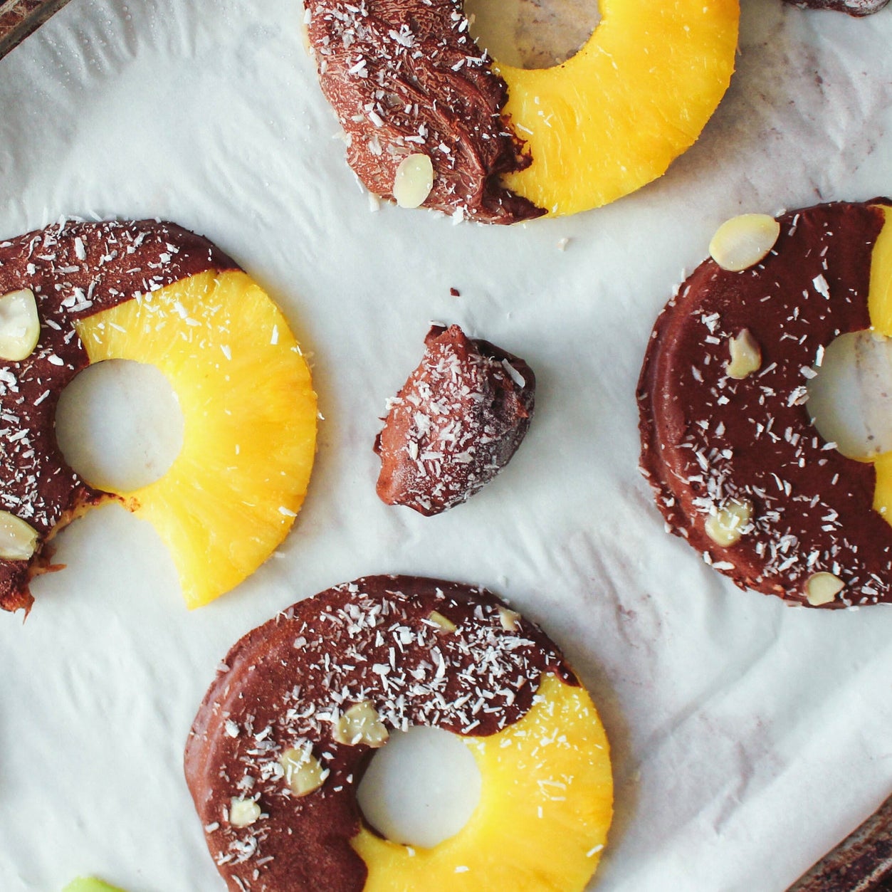 Chocolate covered pineapple rings.