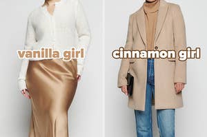 On the left, someone wearing a fluffy cardigan and silky skirt labeled vanilla girl, and on the right, someone wearing jeans, a turtleneck, and a coat labeled cinnamon girl