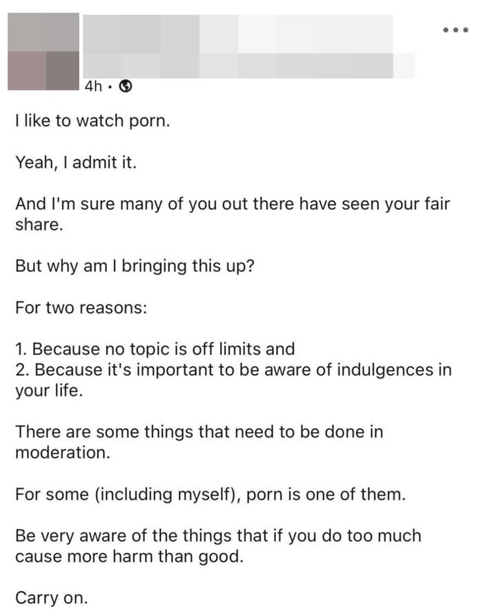 poster saying that he enjoys porn and he&#x27;s bringing it up because no topic is off limits and it&#x27;s important to be aware of indulgences in life so that they can be enjoyed in moderation