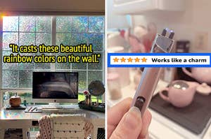 reviewer's work desk with the window film applied to the window and text that reads "it cast these beautiful rainbow colors on the wall"; a hand holding an electric lighter and text that reads "works like a charm"