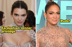The left image is Kendall Jenner posing for the camera and the right image is Jennifer Lopez posing 