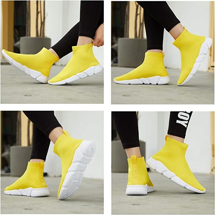 A model wearing yellow sneakers