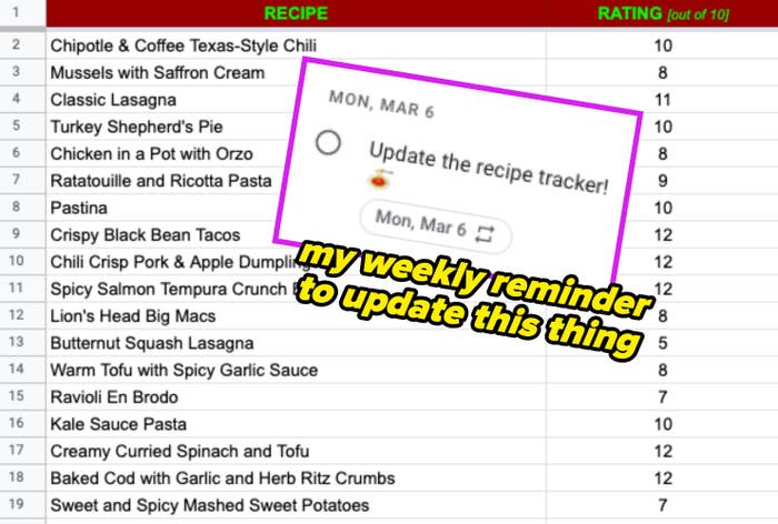 various recipes on a google spreadsheet, with a screenshot of a reminder to update the tracker overtop the spreadsheet