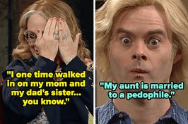 shocked reaction images captioned "I one time walked in on my mom and my dad's sister… you know" and "My aunt is married to a pedophile"
