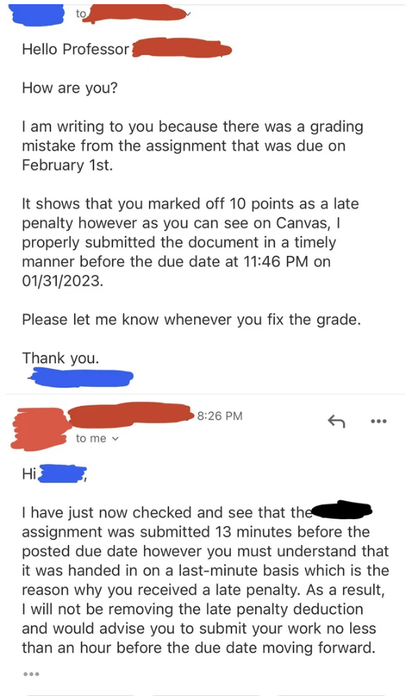 Emails between a student and a professor