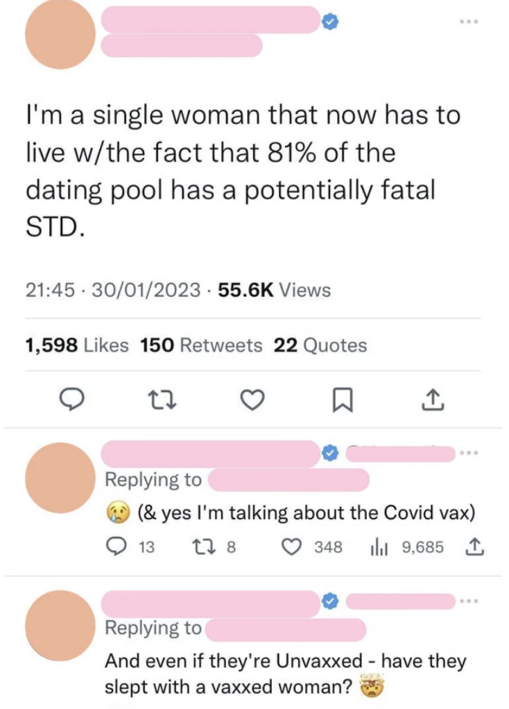 A twitter user saying that 81% of the dating pool has a potentially fatal STD because of the covid vaccine