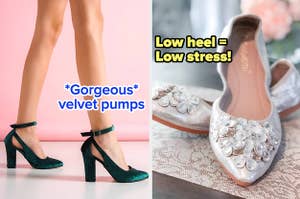 model wearing green velvet heels with text: *gorgeous* velvet pumps / reviewer photo of crystal-embellished flats with text: low heel = low stress! 